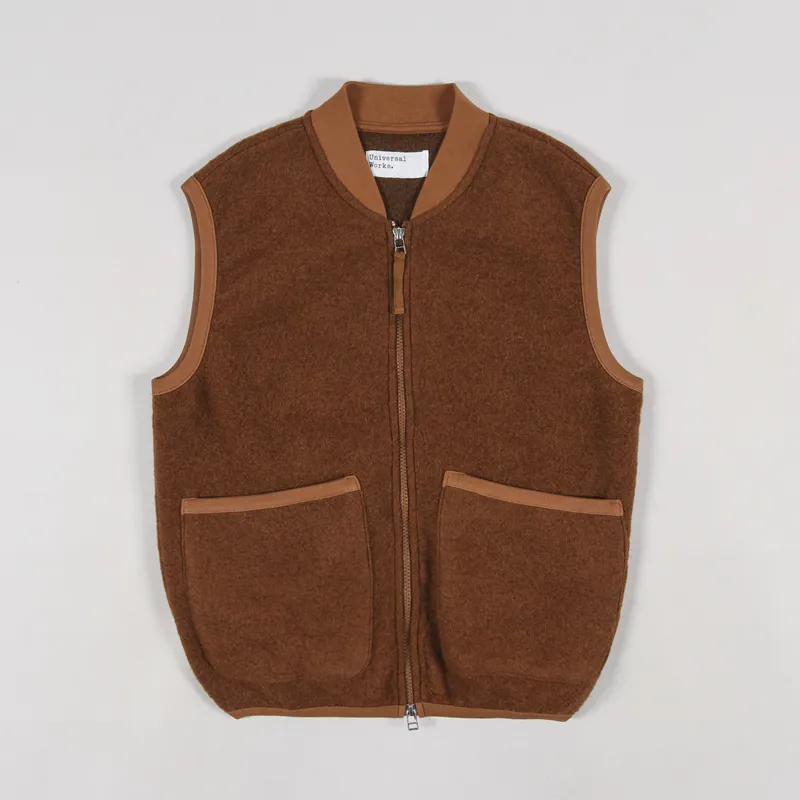 Universal Works Mens Wool Winter Zip Waistcoat Rust Brown Fleece