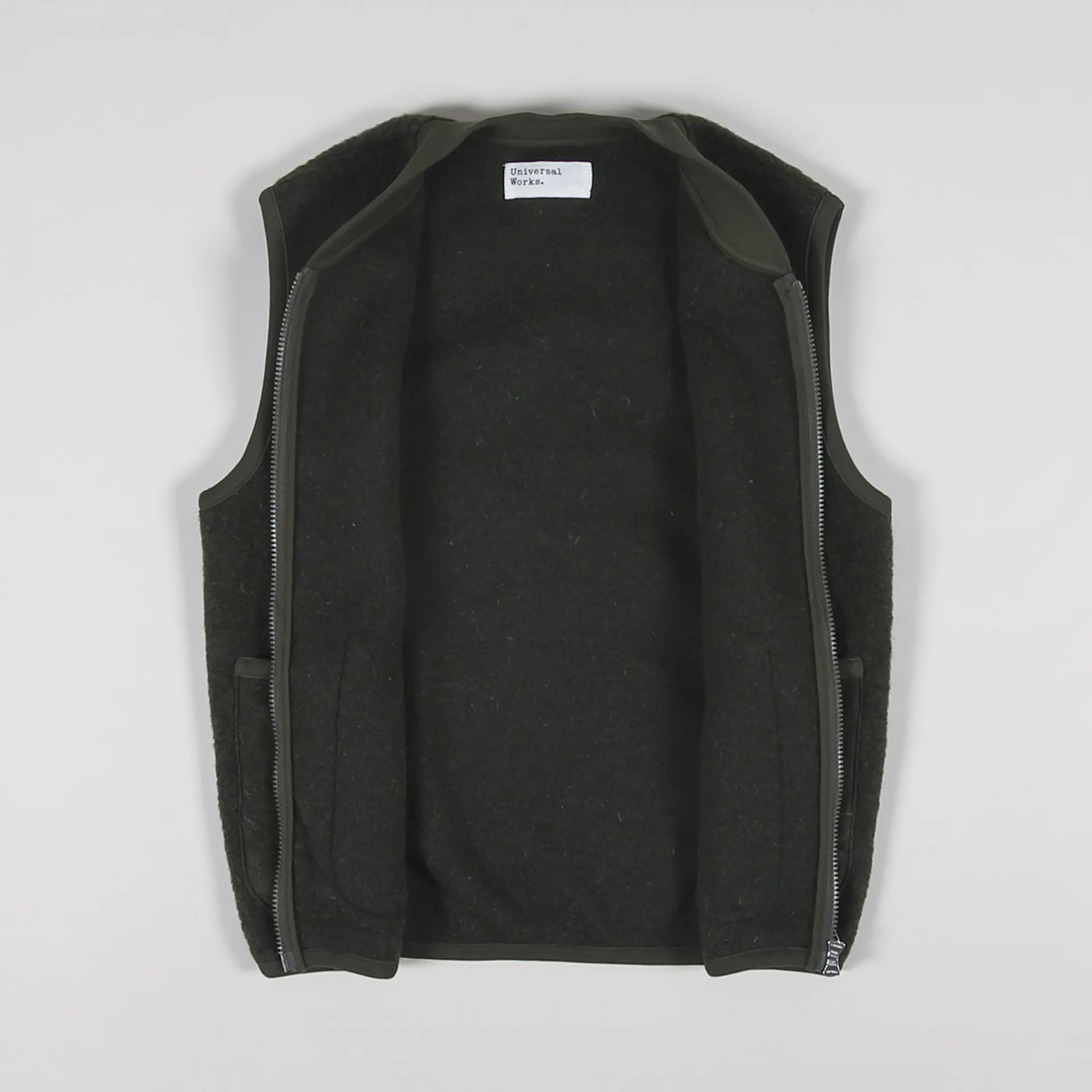 Universal Works Mens Fleece Zip Waistcoat Olive Green Gilet