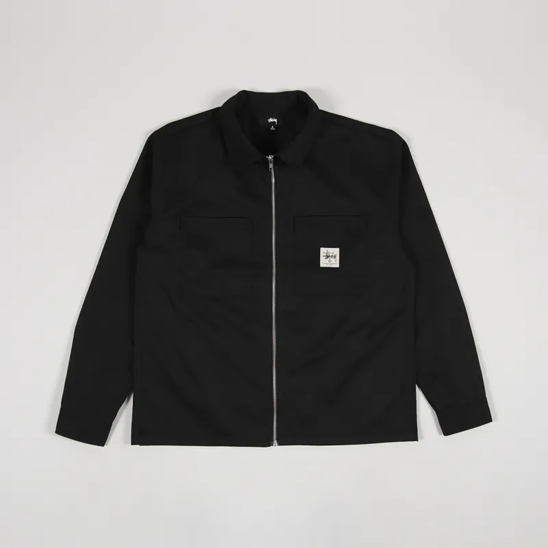 Stussy Mens Logo Patch Zip Up Work Long Sleeve Shirt Black