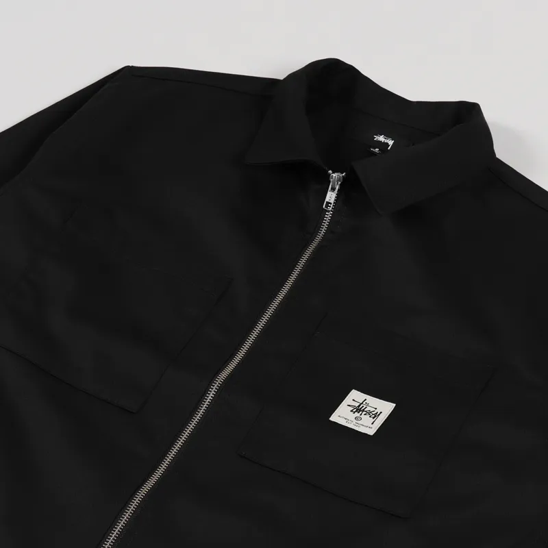 Stussy Mens Logo Patch Zip Up Work Long Sleeve Shirt Black