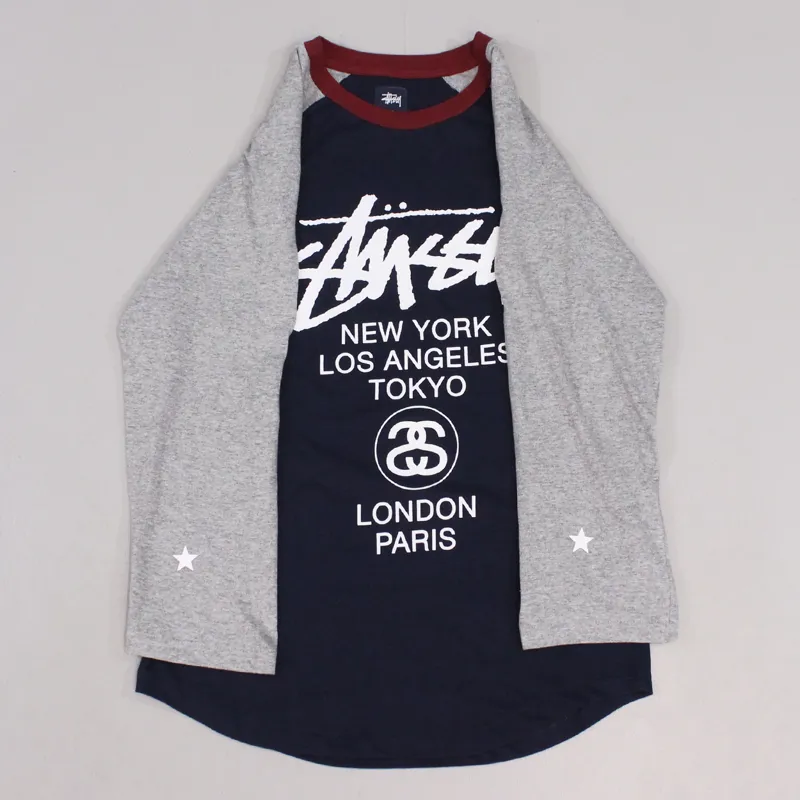 Stussy Baseball World Tour Mens Cotton Raglan T Shirt Dark Navy