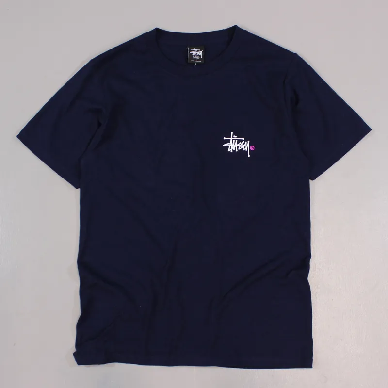 Tシャツ・カットソー SATUR W Essential Basic Logo Short Sleeve T-Shirt Navy Stussy Mens Basic Logo T-Shirt Navy White Print Short Sleeve