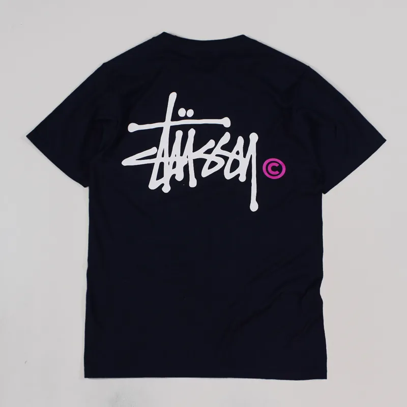 Tシャツ・カットソー SATUR W Essential Basic Logo Short Sleeve T-Shirt Navy Stussy Mens Basic Logo T-Shirt Navy White Print Short Sleeve