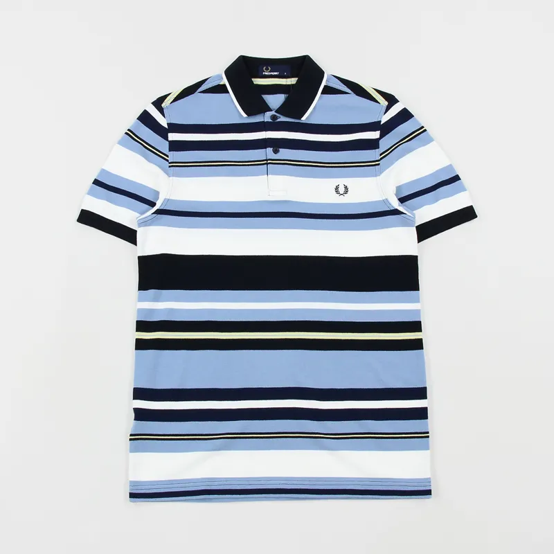 Fred Perry Mens Bold Stripe Pattern Polo Pique Shirt Sky Blue