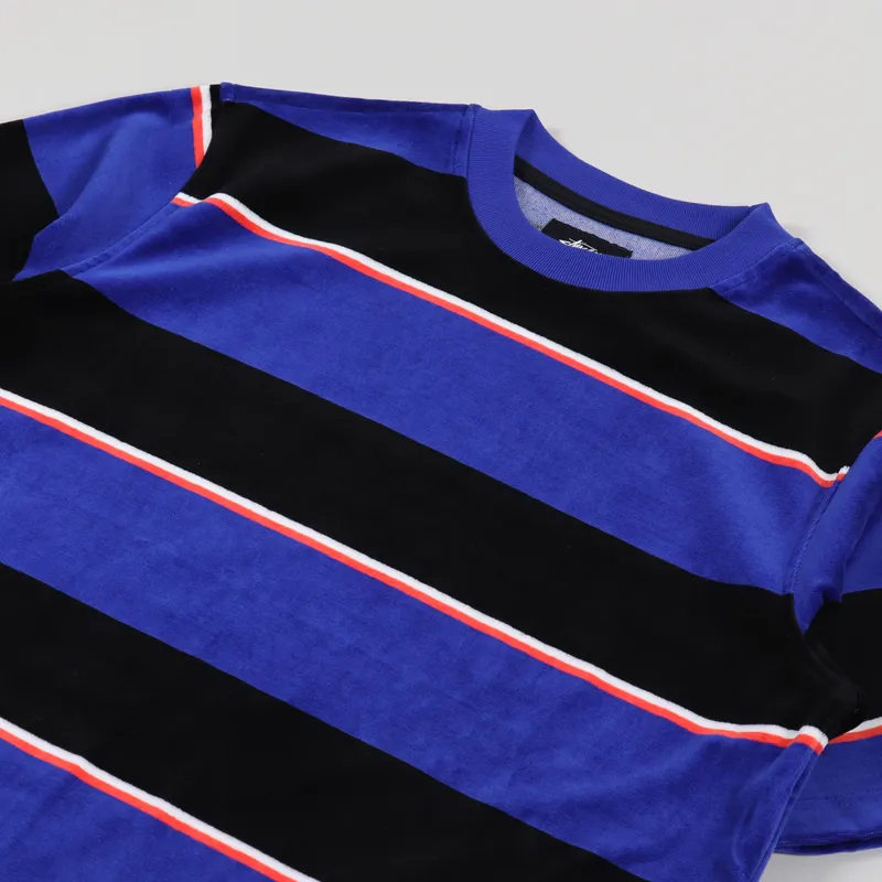 Stussy Velour Stripe Crew T Shirt Blue-1