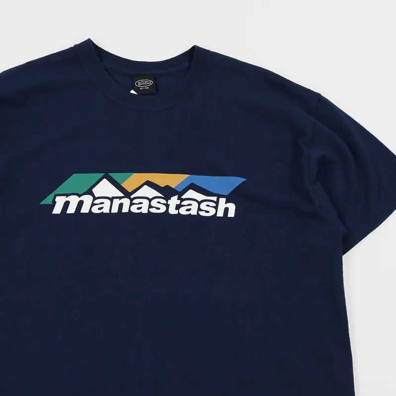 Manastash Mens Color Scheme Logo Short Sleeve T Shirt Navy Blue