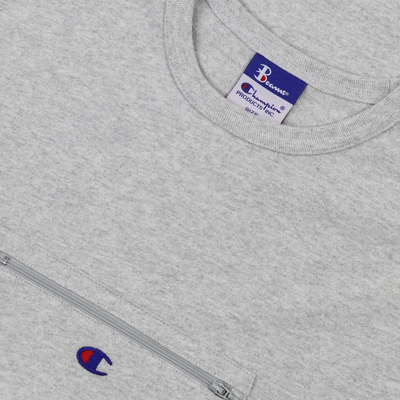 Champion x Beams Crew Neck Zip T Shirt Grey-2