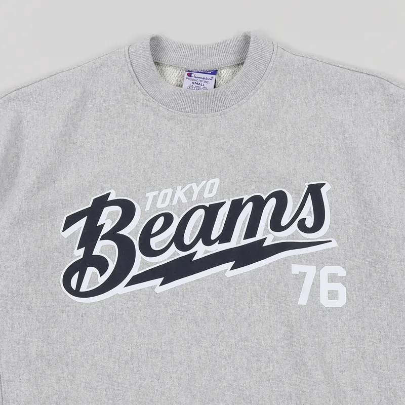 Champion x Beams Mens Graphic Logo Crew Neck Sweatshirt Grey