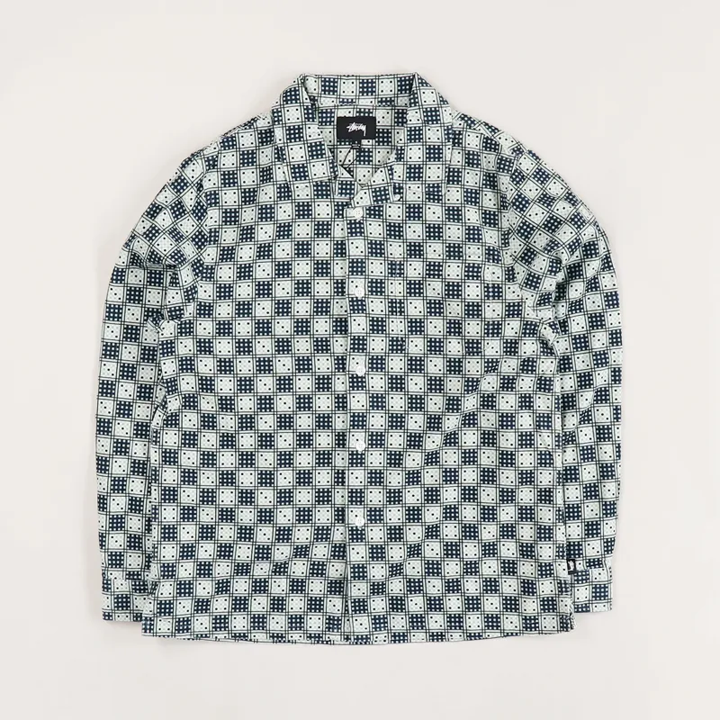 Stussy Mens Long Sleeve Pattern Dice Checker Shirt Indigo Blue