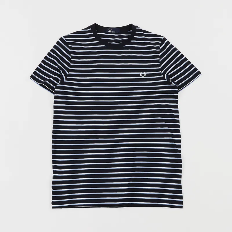 Fred Perry Mens Logo Fine Stripe Short Sleeve T Shirt Navy Blue
