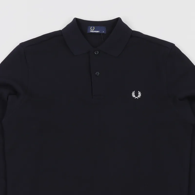 Fred Perry Fleeceback Pique Long Sleeve Polo Shirt Navy-1