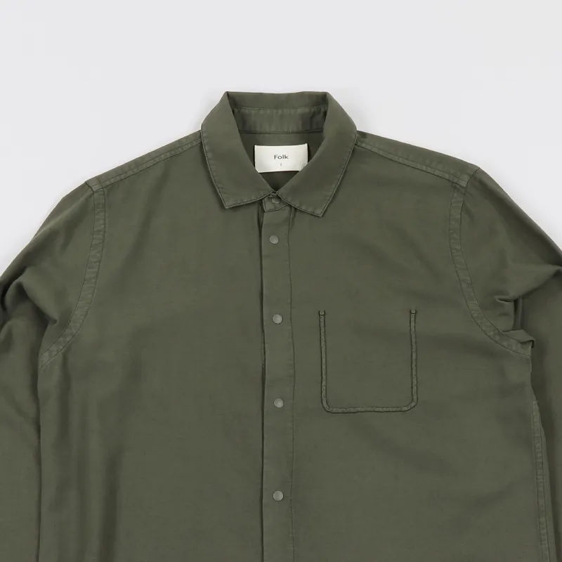 Folk Flannel Pop Stud Long Sleeve Shirt Military Green-1