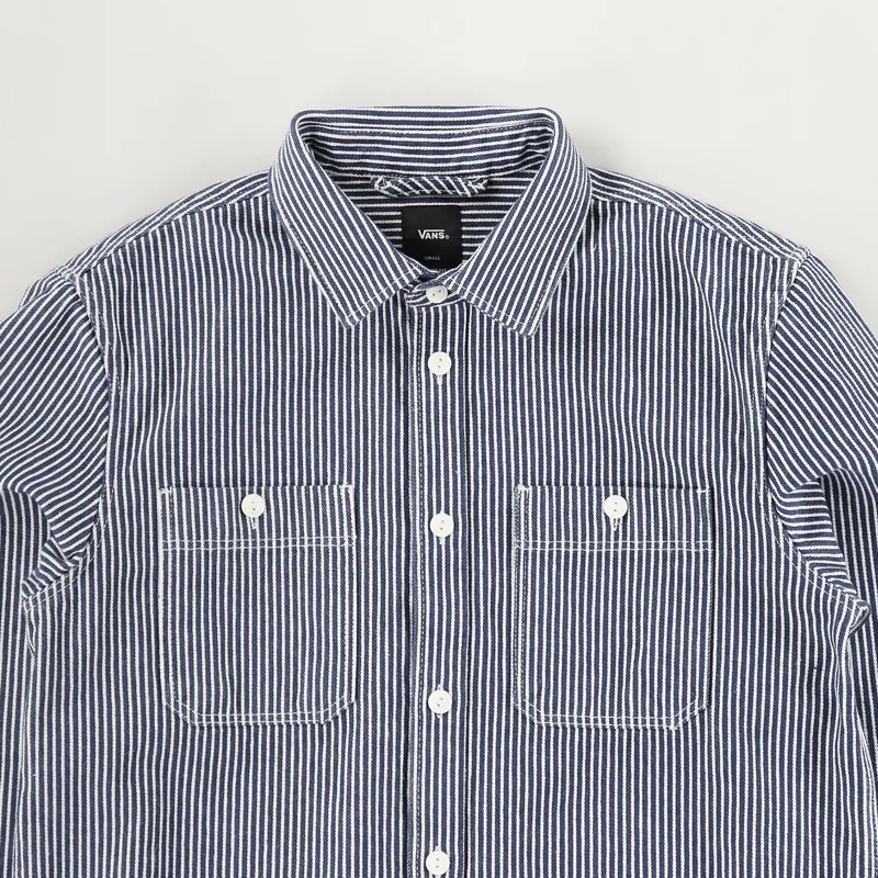 Vans Men Skateboarding Hickory Stripe LS Work Shirt Dress Blue
