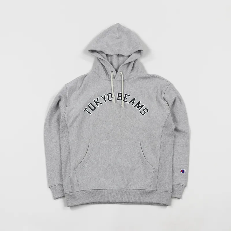 Champion x Beams Logo Hooded Sweatshirt Grey-1