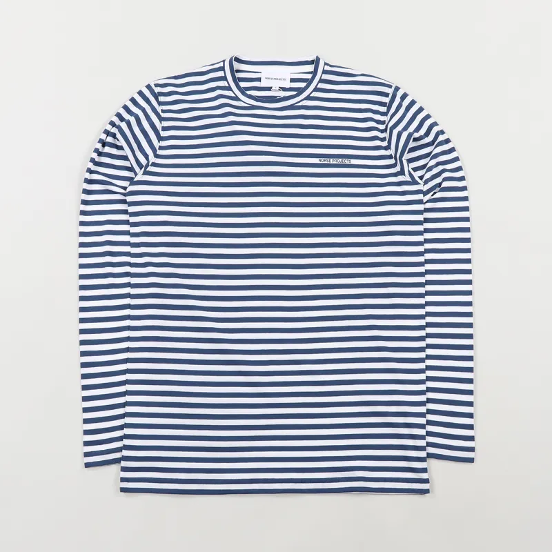 Norse Projects James Logo Stripe Long Sleeve T Shirt Annodized Blue