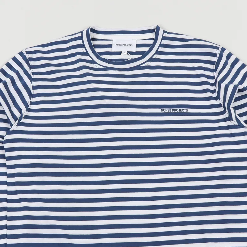Norse Projects James Logo Stripe Long Sleeve T Shirt Annodized Blue-1