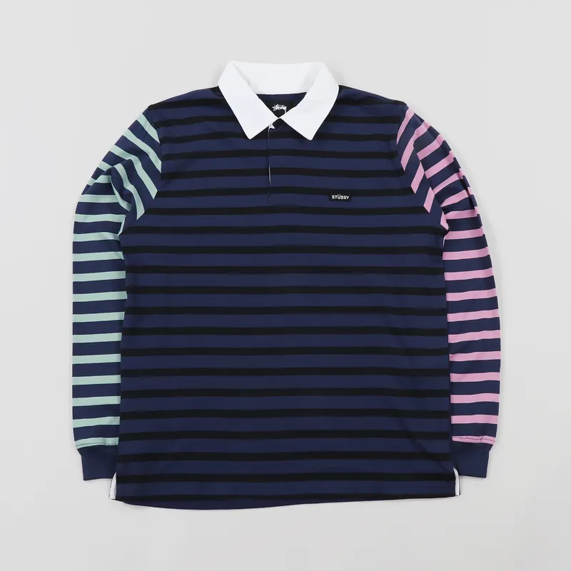 Stussy Jonah Stripe Long Sleeve Rugby Shirt Navy-1