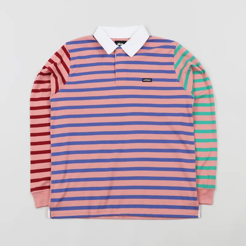 Stussy Mens Jonah Stripe Long Sleeve Patterned Rugby Shirt Pink