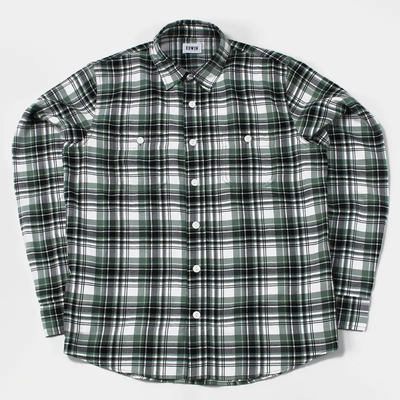 Edwin Long Sleeve Labour Check Shirt Black Military Green
