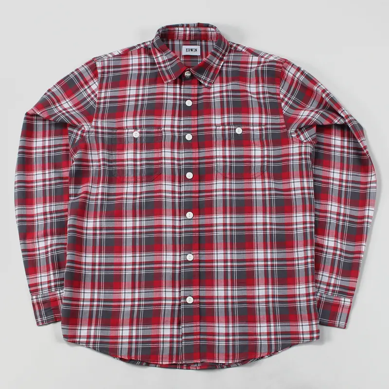 Edwin Long Sleeve Labour Check Shirt Red Grey