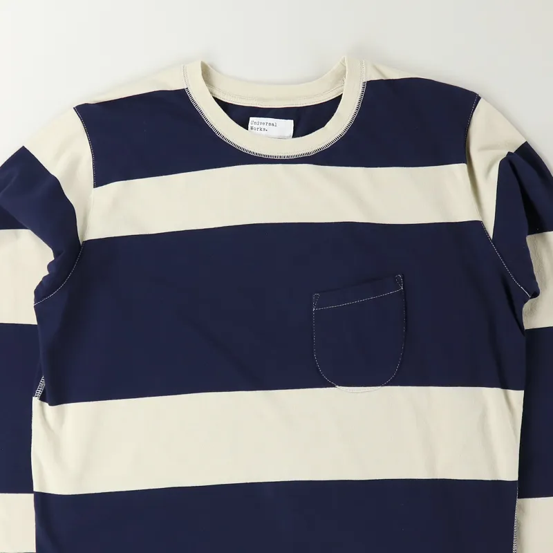 Universal Works Long Sleeve Rugby Stripe T Shirt Ecru Navy-1