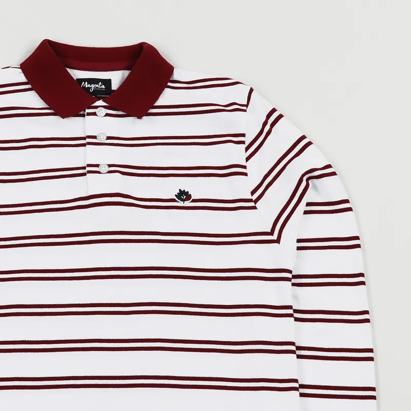 Magenta Long Sleeve Striped Polo Shirt White-2