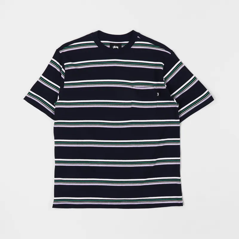 Stussy Malcolm Stripe Crew T Shirt Navy