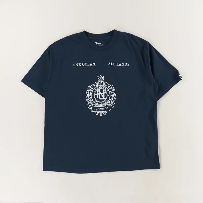 Nanamica Mens Graphic One Ocean All Land T Shirt Marine Navy Blue