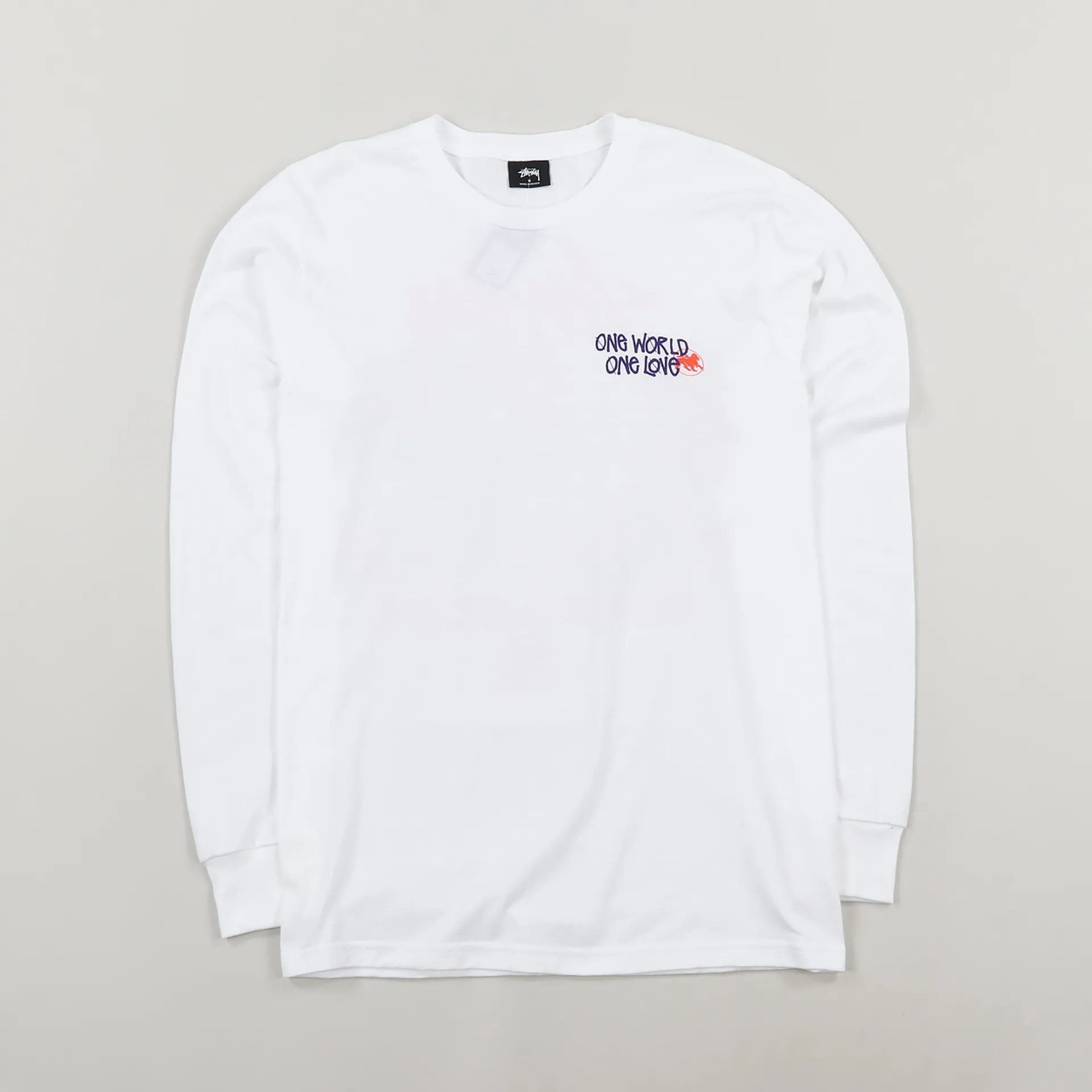 Stussy Mens One World Graphic Logo Long Sleeve T Shirt Tee White