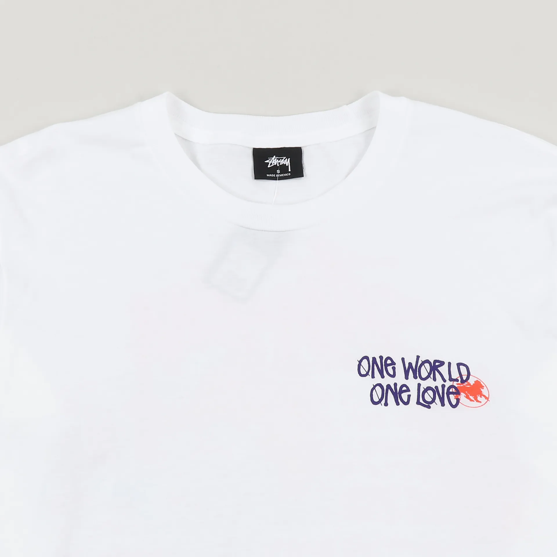 Stussy Mens One World Graphic Logo Long Sleeve T Shirt Tee White