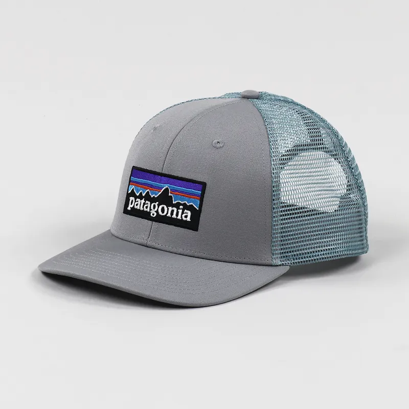 Patagonia Mens P 6 Logo Trucker Cap Hat Drifter Grey Dam Blue