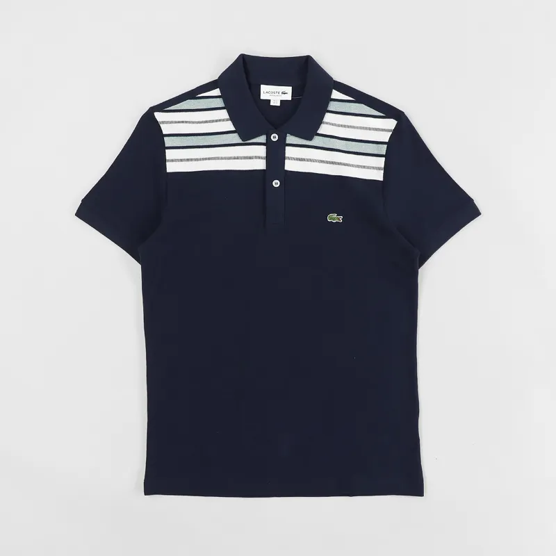 Lacoste Striped Pane Polo Shirt Navy Blue White Green