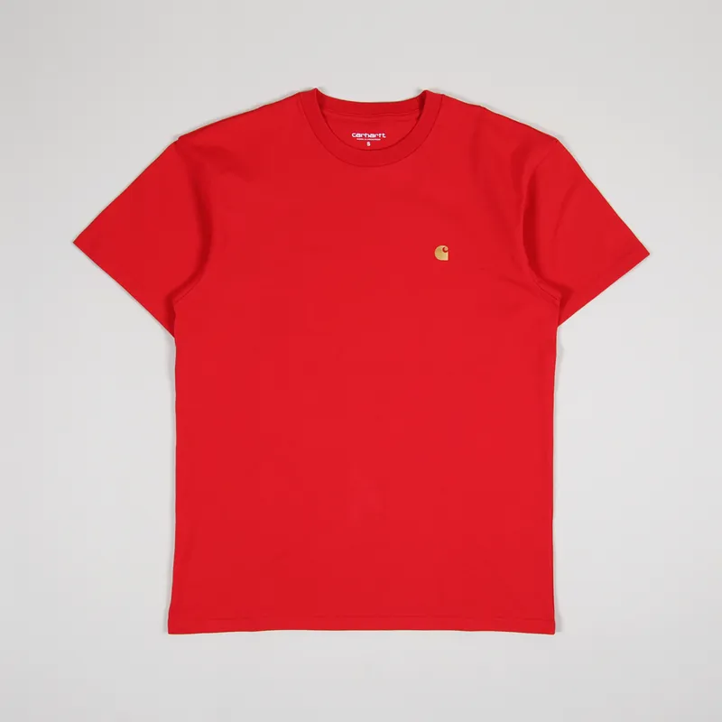 Tシャツ・カットソー CARHARTT WIP RED COTTON CHASE T-SHIRT Carhartt WIP Mens Short Sleeve Chase T Shirt Etna Red Gold