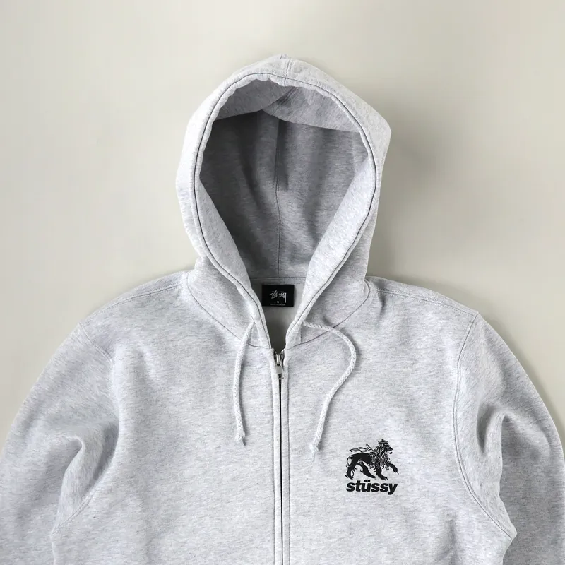Stussy Mens Graphic Rasta Lion Full Zip Hoodie Ash Heather Grey