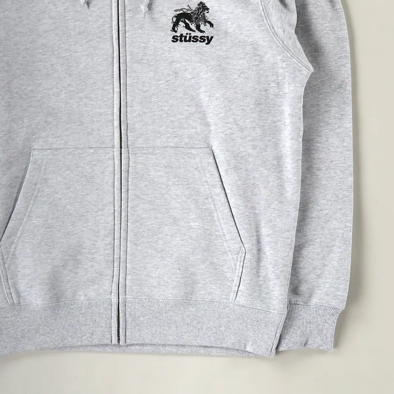 Stussy Mens Graphic Rasta Lion Full Zip Hoodie Ash Heather Grey