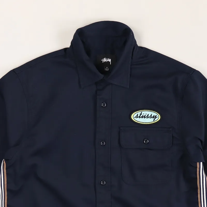 Stüssy ネイビー 半袖ワークシャツ L Side Taped Garage 90s 紺タグ USA製 OLD STUSSY ワークシャツ 半袖 グレー L