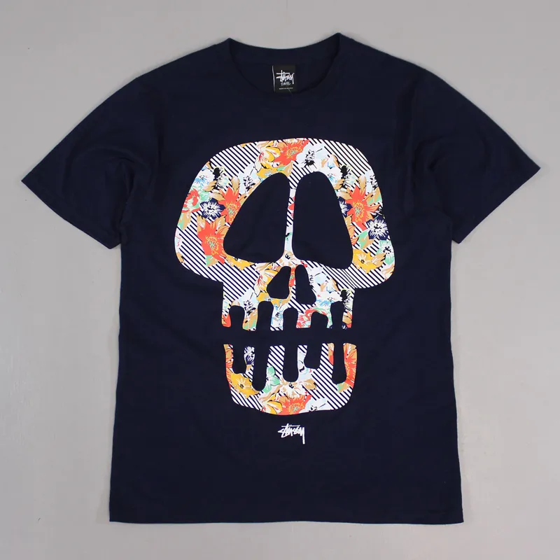 トップス Stussy 4 Skull Rasta T-Shirt Stussy Mens Skull Face Flower Print Short Sleeved T Shirt Navy