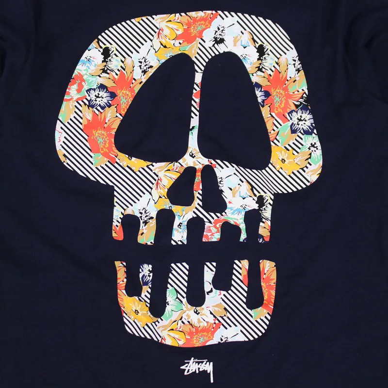 Stussy Mens Skull Face Flower Print Short Sleeved T Shirt Navy
