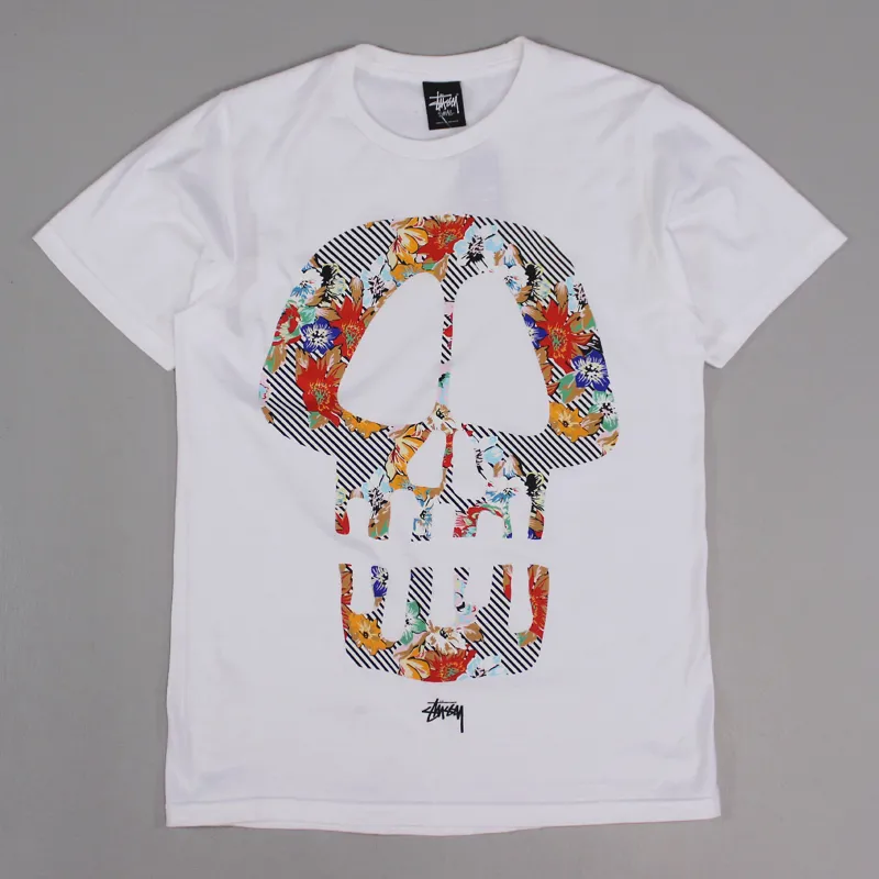 Stussy Mens Skull Head Flowers Short Sleeved Tee T Shirt White