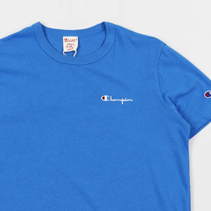 Champion Reverse Weave Crew Neck Small Script T Shirt Ocean Blue-1