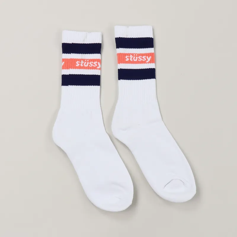 Stussy Mens Stripe Logo Ribbed Crew Summer Socks White Navy