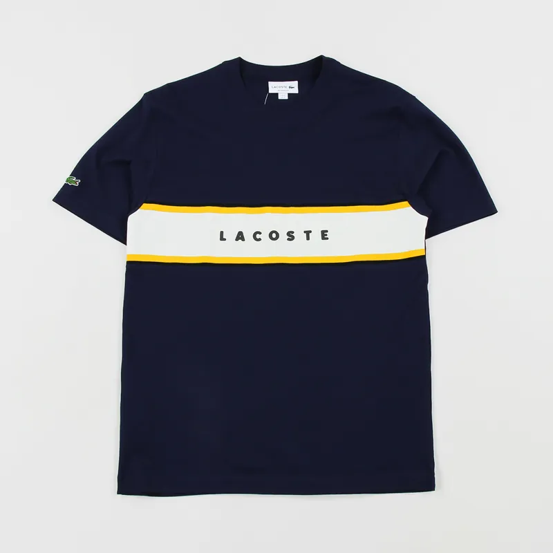 Lacoste Lettered Pique Panel T Shirt Navy Blue