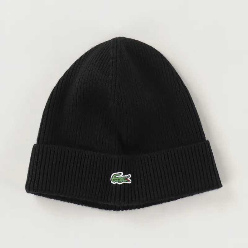 Lacoste Turned Edge Ribbed Wool Beanie Black-1