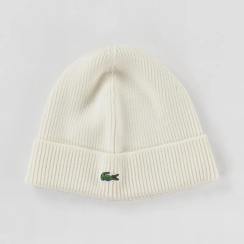 Lacoste Logo Winter Turned Edge Ribbed Wool Beanie White