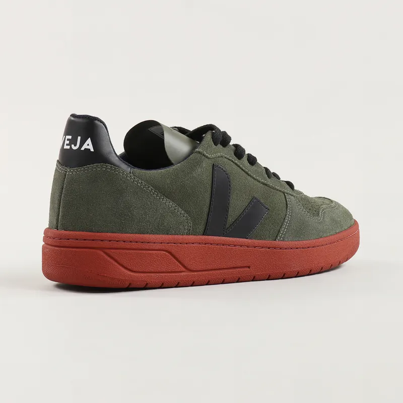 Veja Mens Logo Organic V 10 Suede Shoes Olive Black Rust Sole