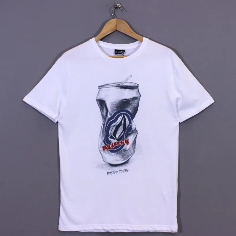 Volcom Wasted Youth T Shirt White Beer Can Crushed Black Blue Ske