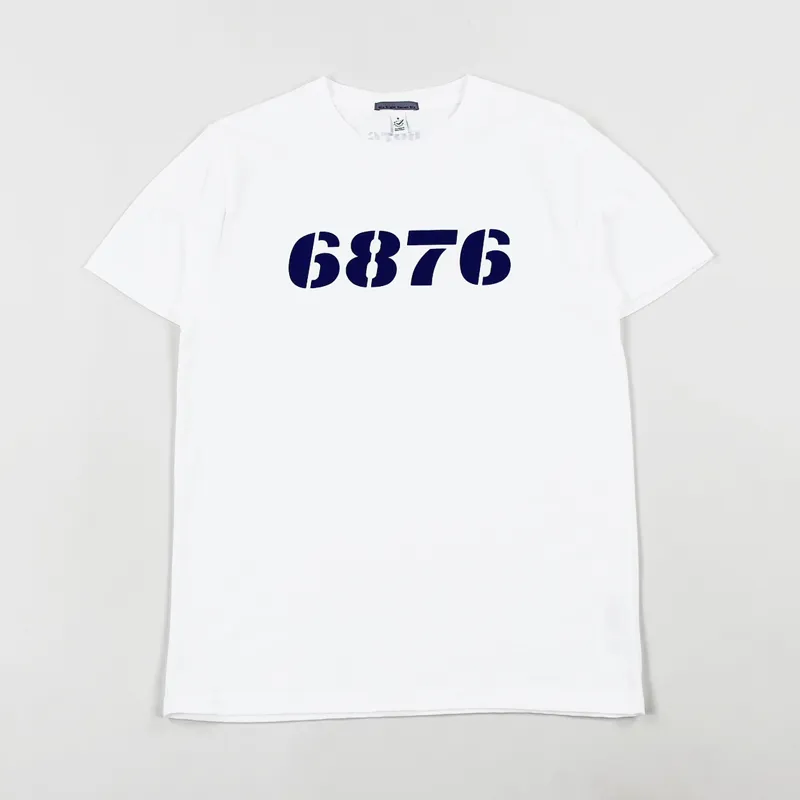 6876 Woodcut Font Stencil Print T Shirt White Navy