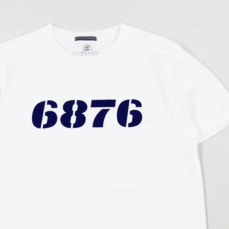 6876 Woodcut Font Stencil Print T Shirt White Navy-1