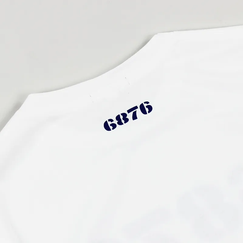 6876 Woodcut Font Stencil Print T Shirt White Navy-2