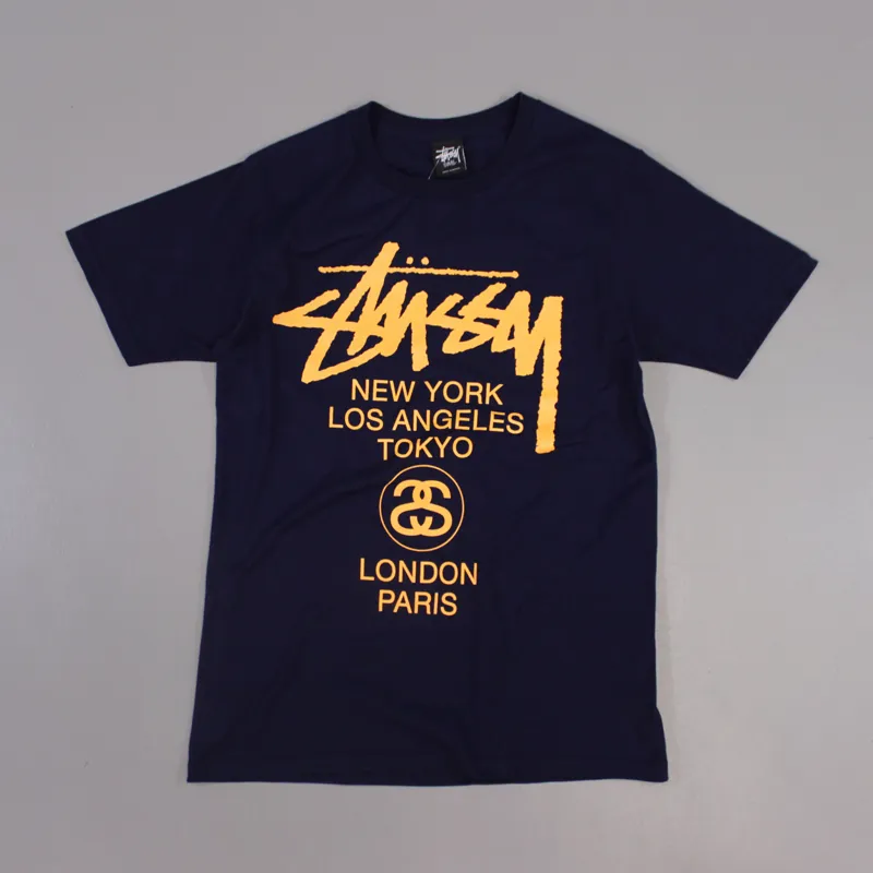 Stussy World Tour Navy Skate Surf Tee Orange Text Logo Print